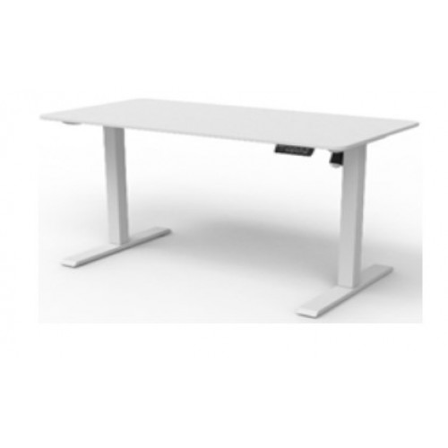 Állítható magasságú íróasztal 140x70cm egymotoros fehér asztallap fehér fém láb