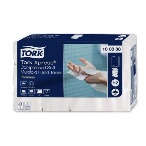 Tork Kéztörlő tömörített Interfold 2 réteg 225lap H2 rendszer Premium Xpress Soft Multifold fehér (100888)