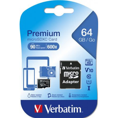 Memóriakártya Micro SD 64GB Class 10 adapterrel Verbatim Premium