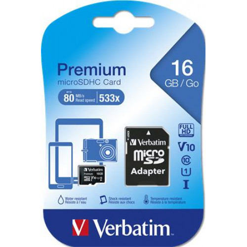 Memóriakártya Micro SDHC 16GB Class 10 adaterrel Verbatim Premium