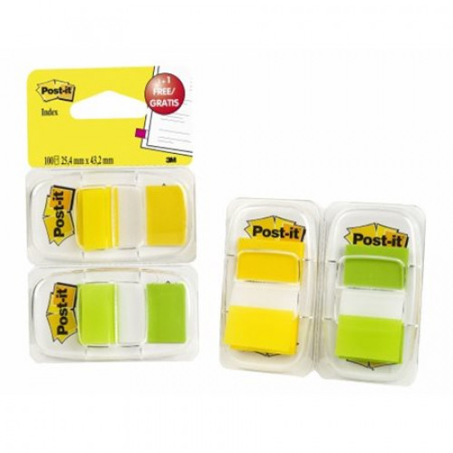 Jelölőcímke műanyag 2x50lap 25x43mm 3M Postit sárga és zöld