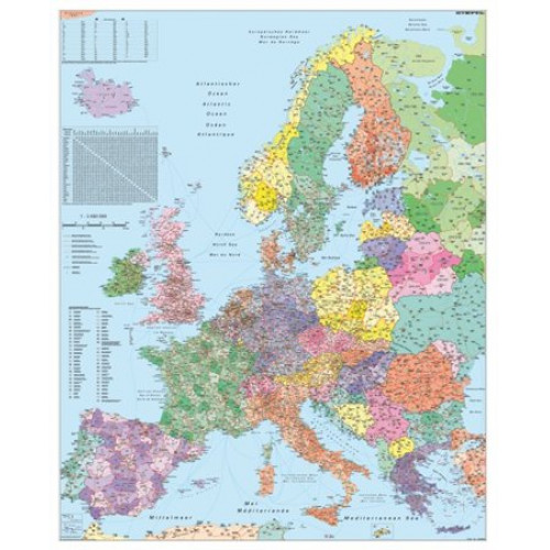 Falitérkép,100x140cm fémléces Európa irányítószámos térképe Stiefel