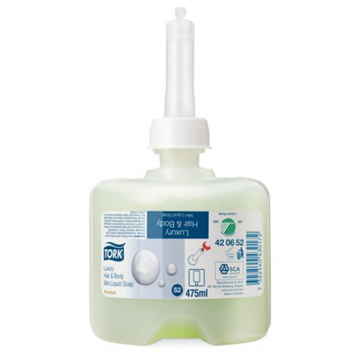 Folyékony szappan 0,475L S2 rendszer Tork Premium Mini Mild Luxus Hair&Body halványzöld (420652)