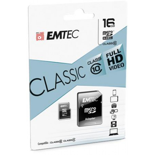 Memóriakártya microSDHC 16GB CL10 20/12 MB/s adapter Emtec Classic