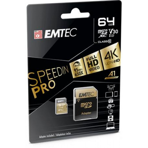 Memóriakártya microSDXC 64GB UHS-I/U3/V30/A2 100/95 MB/s adapter Emtec SpeedIN