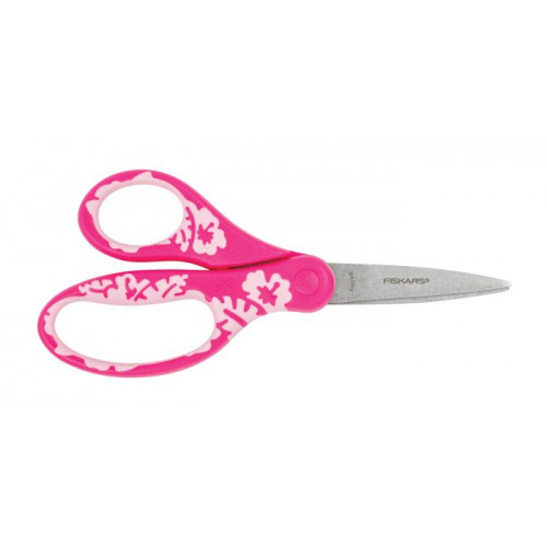 Olló iskolai 15cm Fiskars Softgrip rózsaszín virág motívummal