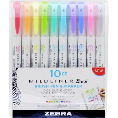 Ecsetirón készlet 0,5/0,7mm kétvégű Zebra Mildliner Brush&Marker 10 különböző szín