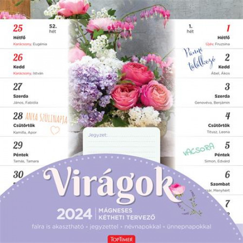 Naptár fali mágneses kétheti Toptimer családi tervező virágok (2024)