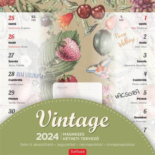 Naptár fali mágneses kétheti Toptimer családi tervező vintage (2024)